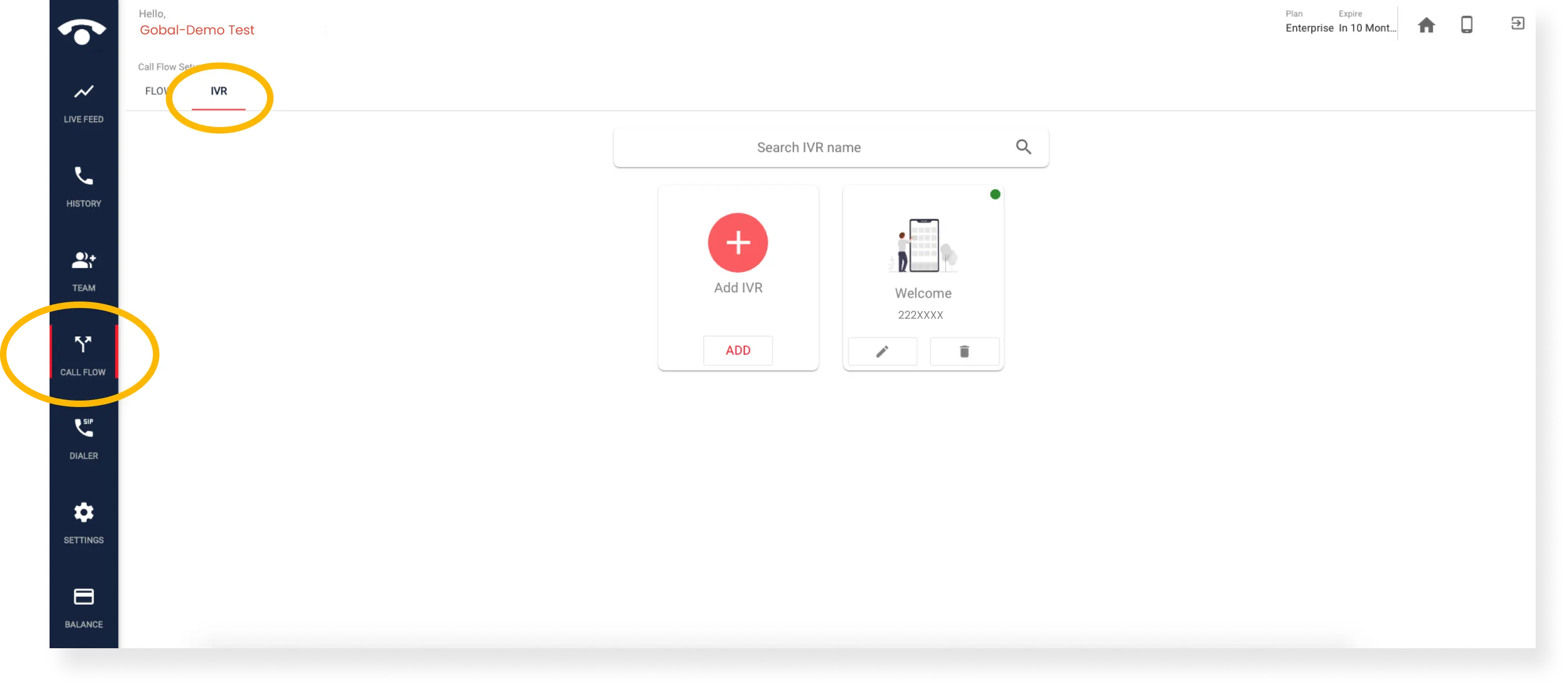 How do I create/add a new 'IVR call flow' on the TeleCMI platform