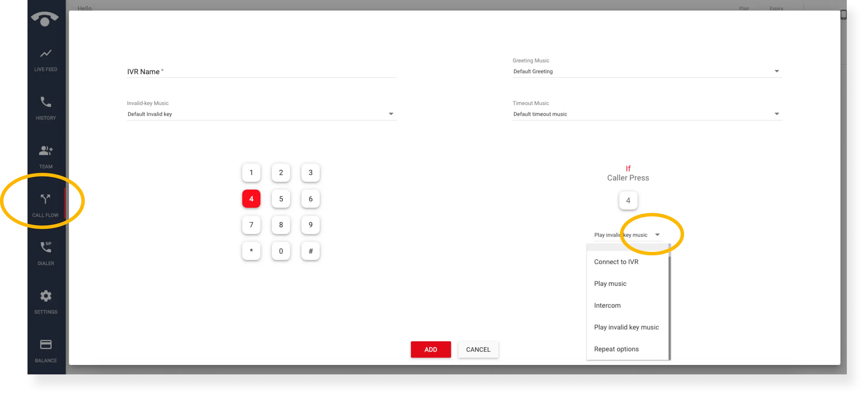 How do I create/add a new 'IVR call flow' on the TeleCMI platform