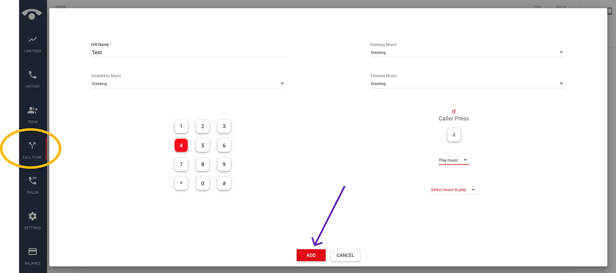 How do I create/add a new 'IVR call flow' on the TeleCMI platform