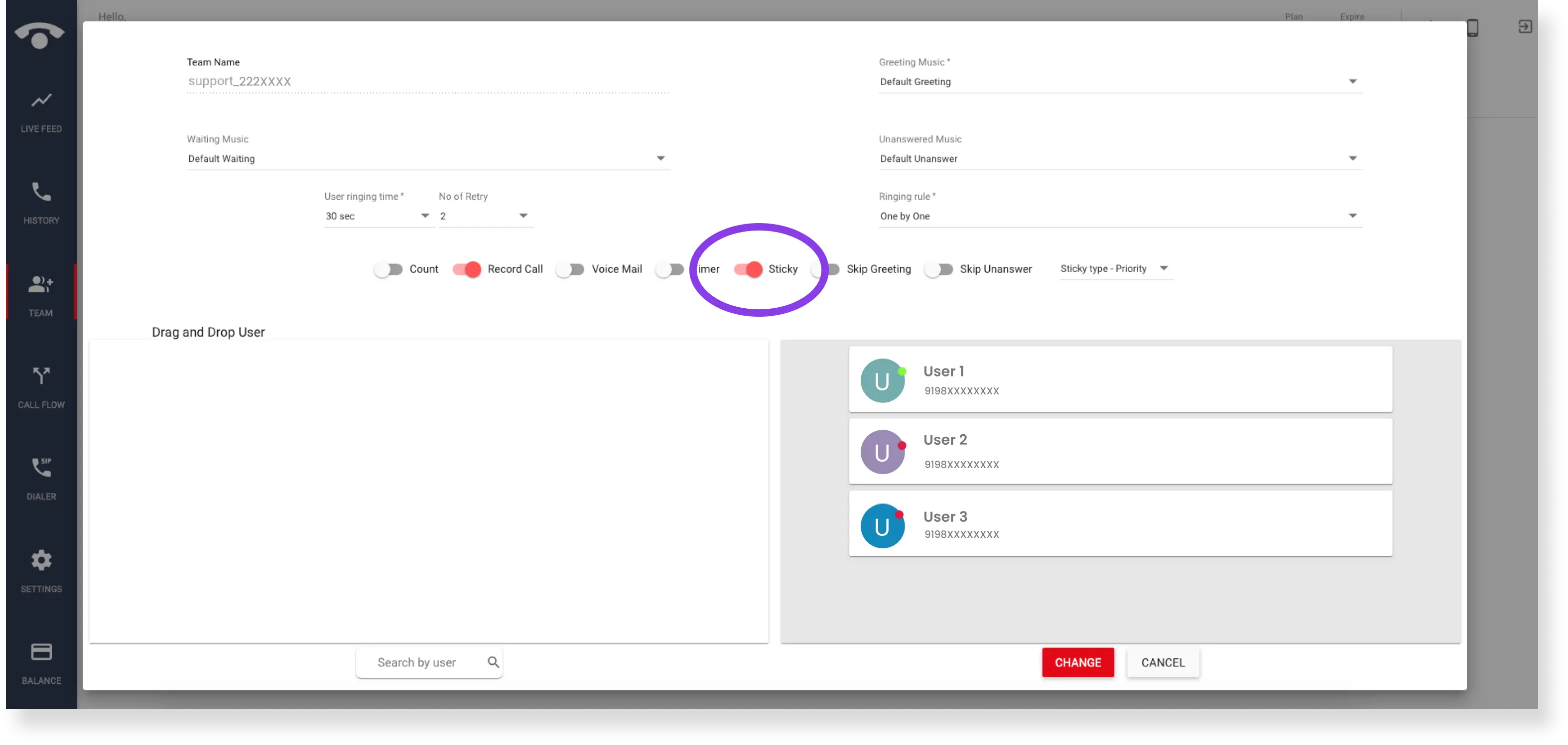 What is the sticky feature in the TeleCMI Dashboard and how can it be used