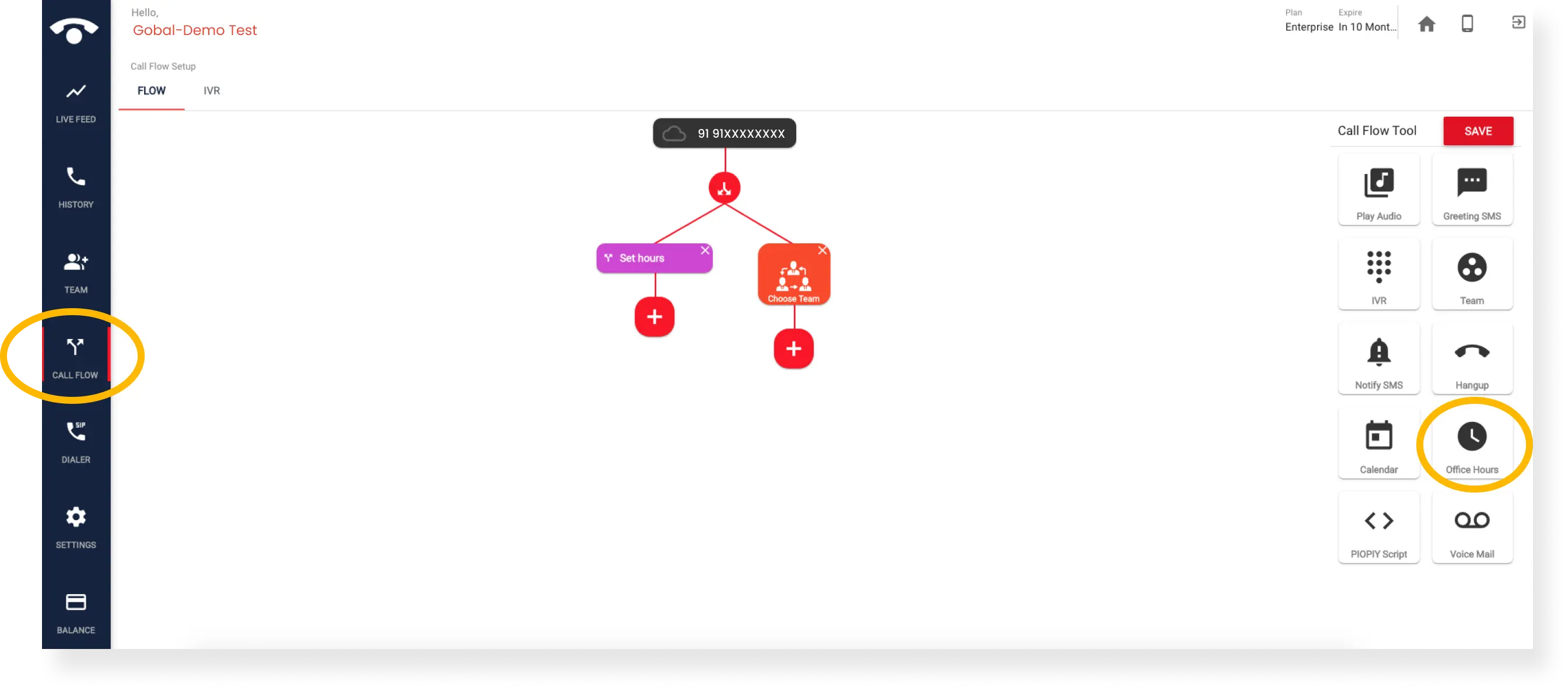 How can I configure the office hours call flow in the TeleCMI dashboard