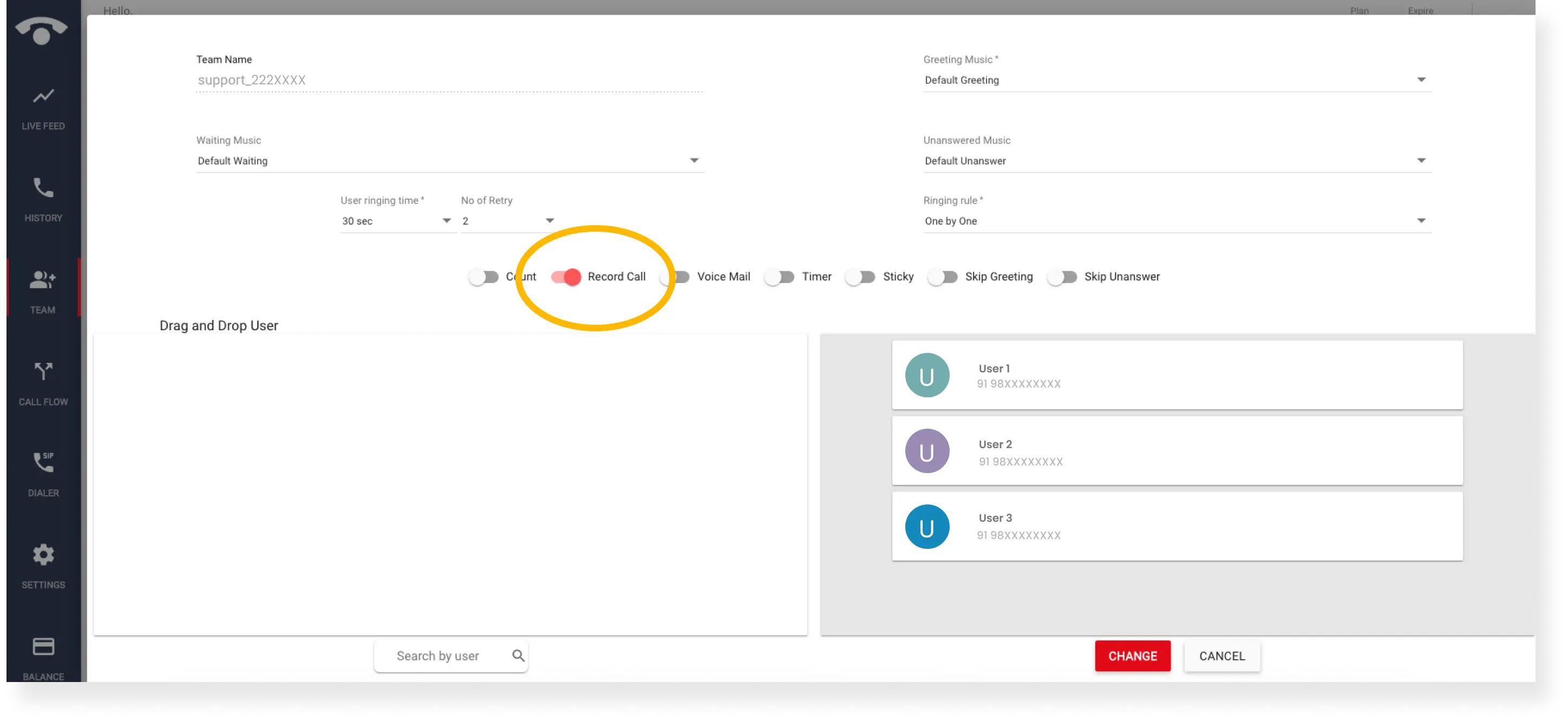 How can I enable call recording in the TeleCMI dashboard