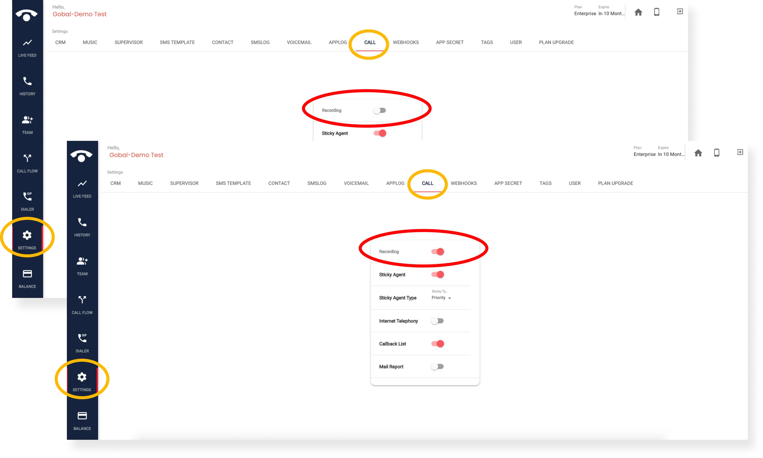 How can I enable call recording in the TeleCMI dashboard