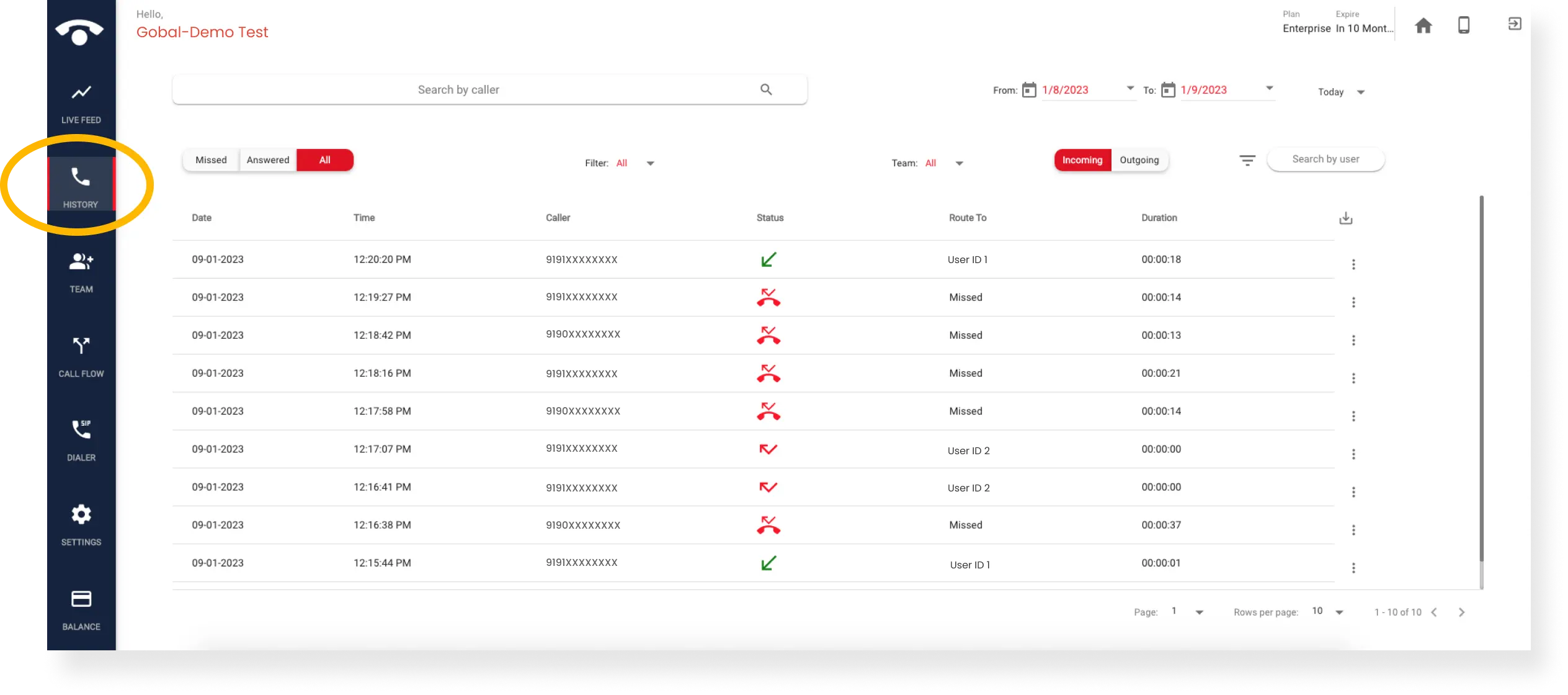 Where can I view call logs and listen to recorded calls in the TeleCMI dashboard