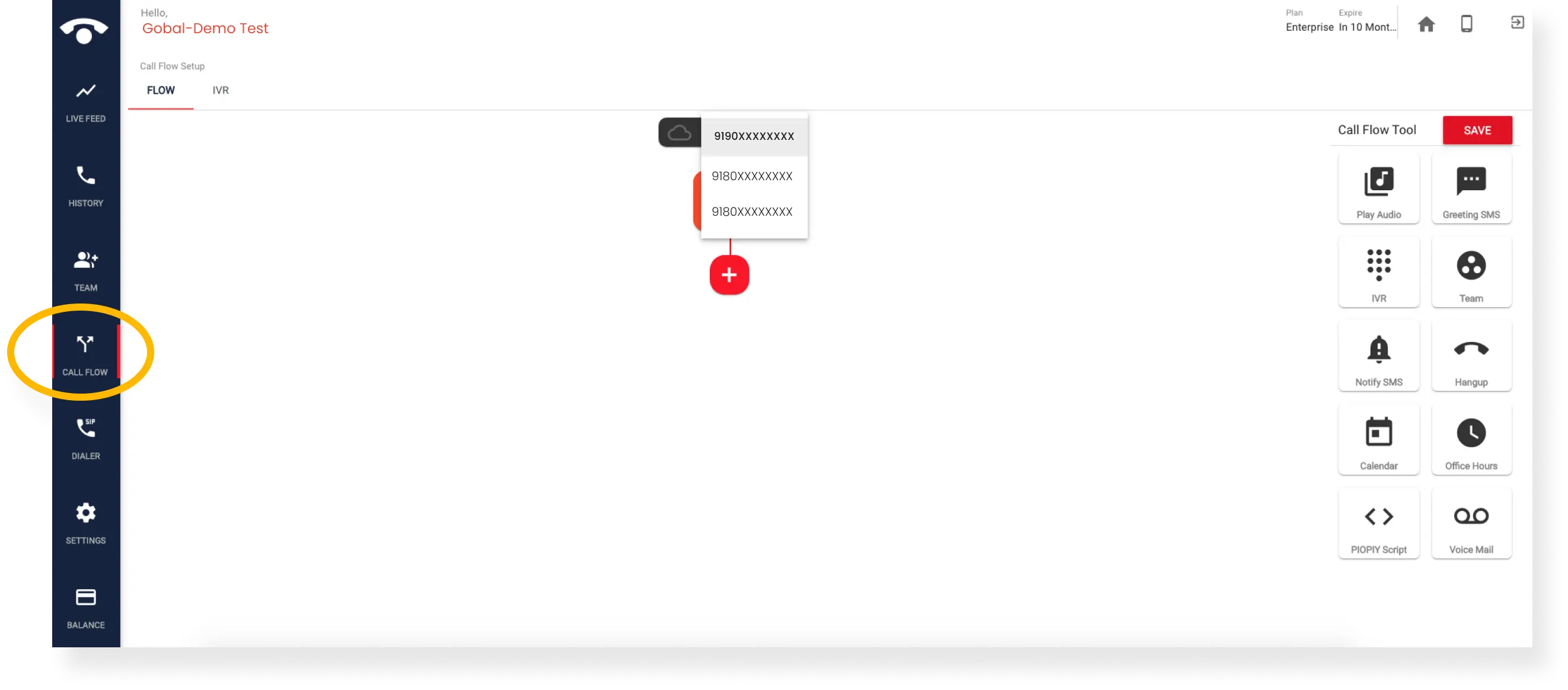 How do I configure incoming call flow in the TeleCMI dashboard