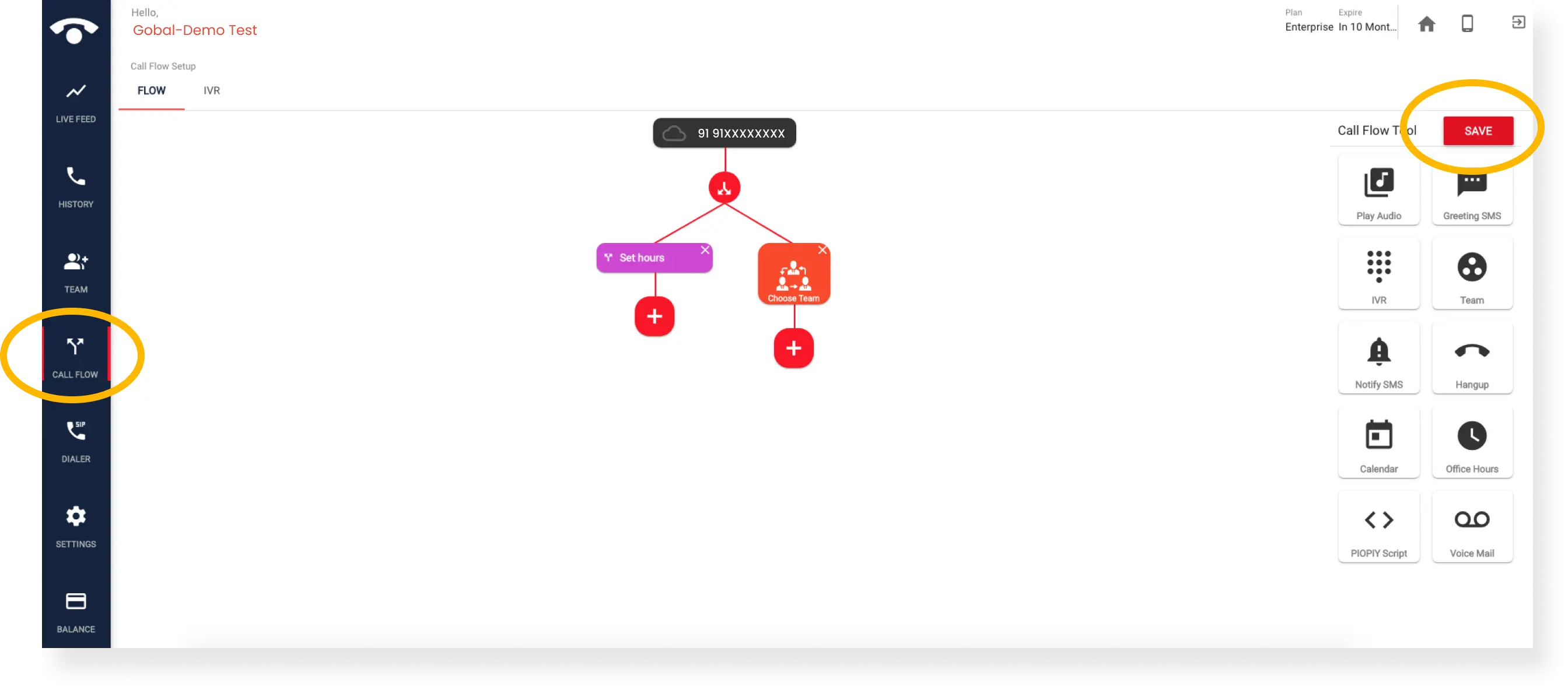 How do I configure incoming call flow in the TeleCMI dashboard